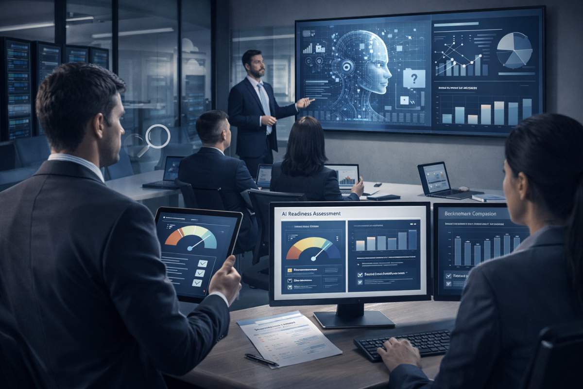 Dashboard di AI Readiness Assessment che mostra la valutazione della maturità aziendale per l'adozione dell'intelligenza artificiale