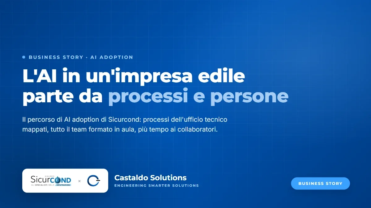 Copertina del caso studio Sicurcond: l'AI in un'impresa edile parte da processi e persone, con i loghi di Sicurcond e Castaldo Solutions