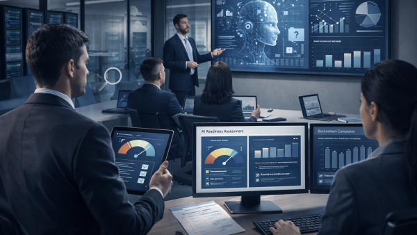 Dashboard di AI Readiness Assessment che mostra la valutazione della maturità aziendale per l'adozione dell'intelligenza artificiale