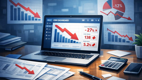 CRM dashboard with declining charts and Excel spreadsheet in the background, symbol of failed CRM projects in Italian SMEs