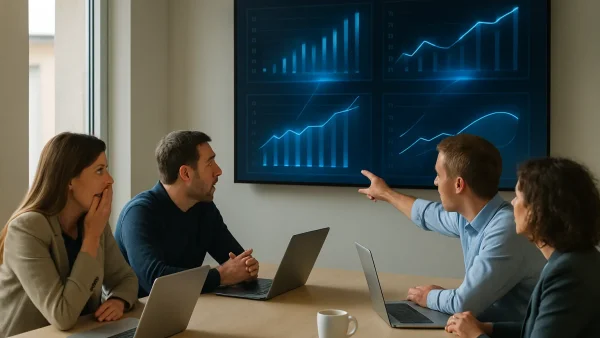 A group of people in a meeting room looking in amazement at a large screen where charts and numbers take shape