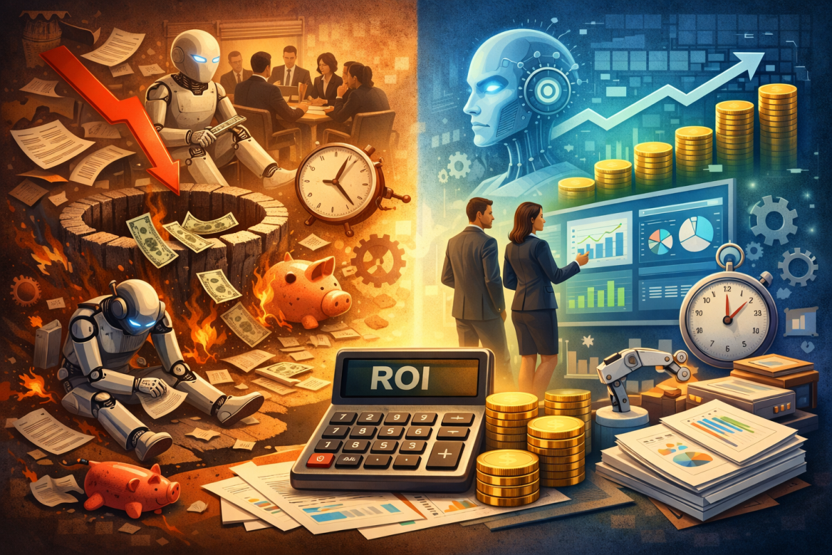 Calcolatore ROI per progetti AI che mostra analisi di payback period, risparmio di tempo e valore netto attuale degli investimenti in intelligenza artificiale