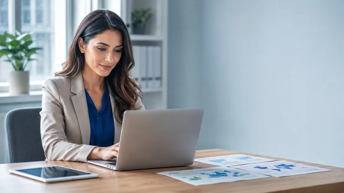 Marketer al laptop in un ufficio luminoso con documenti in più lingue sulla scrivania, mentre usa gli strumenti AI di Canva per tradurre e correggere contenuti