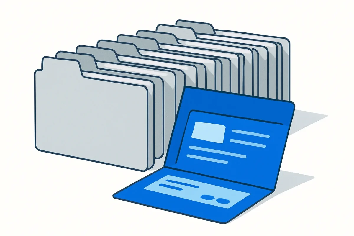 An open card file on a desk, with a few cards pulled out and set aside