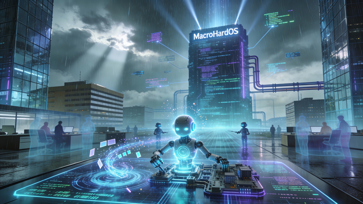 Rappresentazione futuristica di MacroHard: piattaforma AI che sostituisce app e sistemi operativi con agenti intelligenti