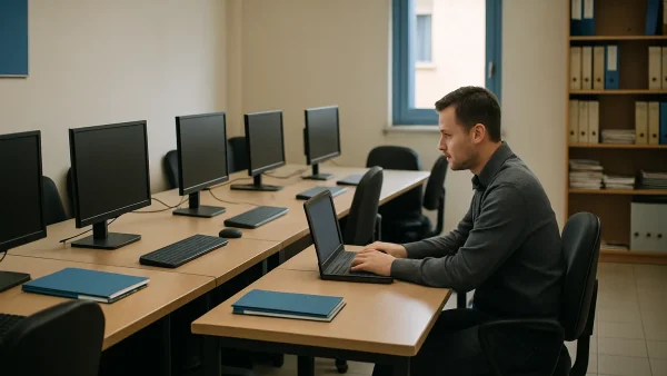 Una fila di postazioni di lavoro vuote in un ufficio ordinario, con una sola persona seduta in fondo che sta usando il computer