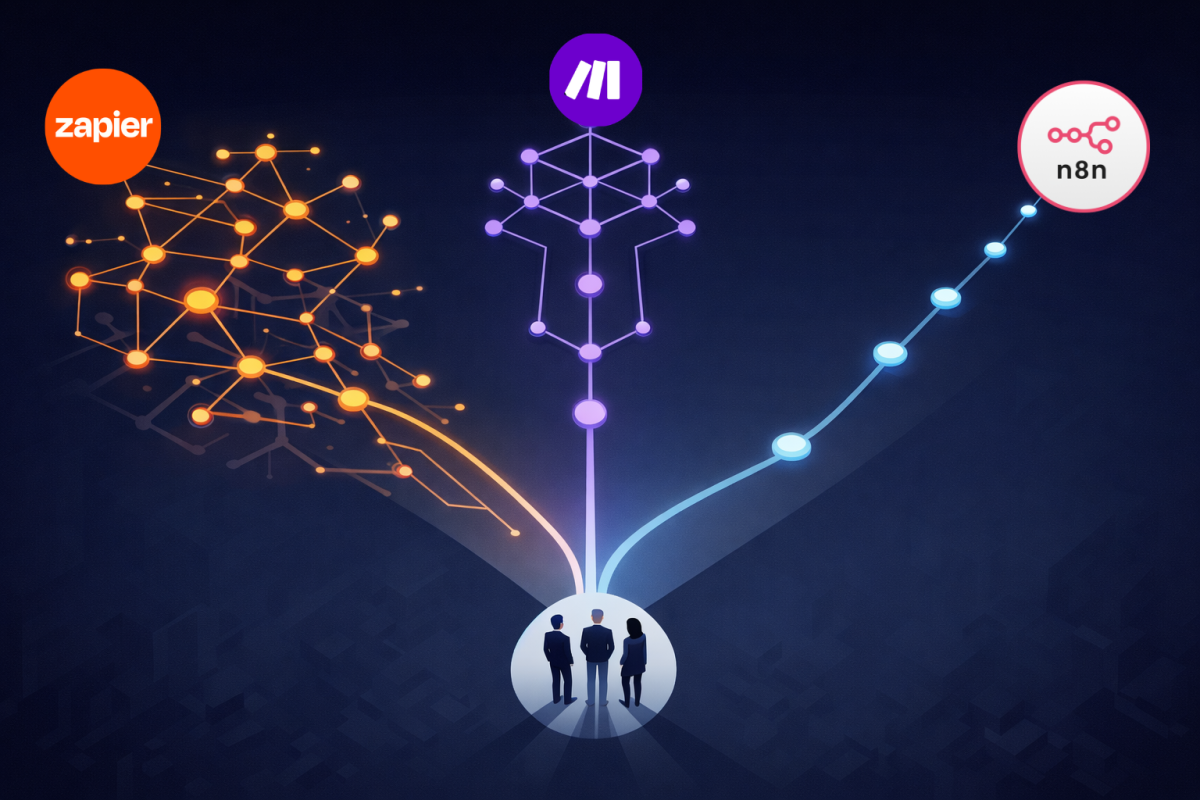 Visual comparison n8n vs Make vs Zapier: three automation platforms side-by-side for Italian SMEs on AI, GDPR costs and scalability