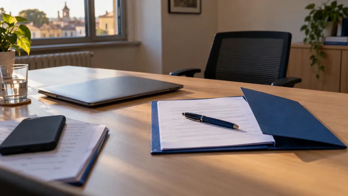 Una scrivania vuota a fine giornata: un portatile chiuso, una cartellina blu con un contratto non firmato e la penna sopra, e sul bordo un telefono appoggiato su un elenco di contatti