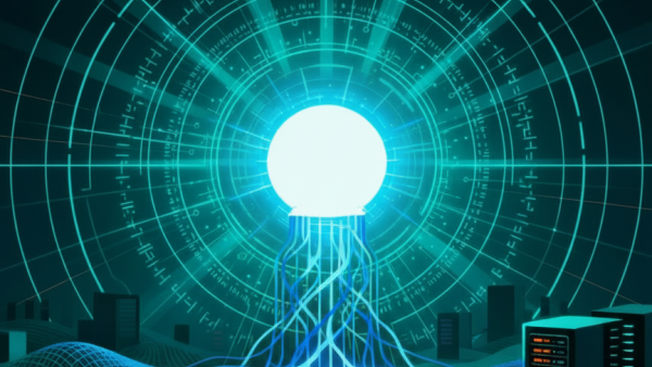 Modern data centers powered by solar panels with symbols of artificial intelligence, representing the energy revolution of AI