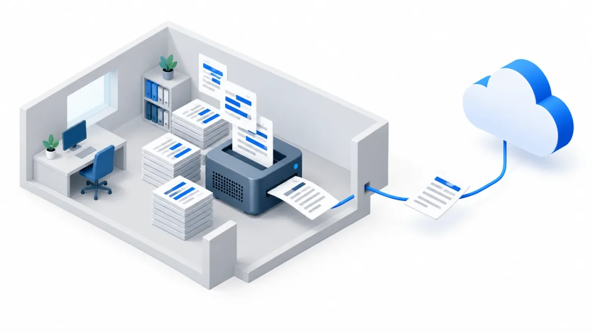 A small server inside the outline of an office, with documents staying inside and a cloud outside