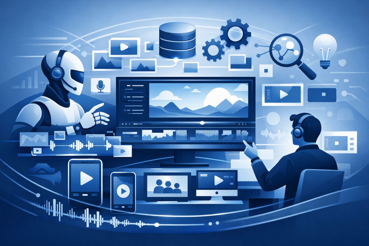 Illustrazione di un robot AI e un videomaker che collaborano su una timeline di editing video automatizzato con database di asset digitali