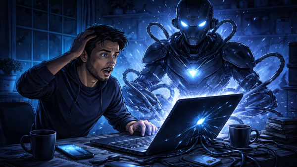 Illustrazione di un uomo sorpreso davanti al laptop mentre un agente AI autonomo prende il controllo del computer con tentacoli digitali luminosi