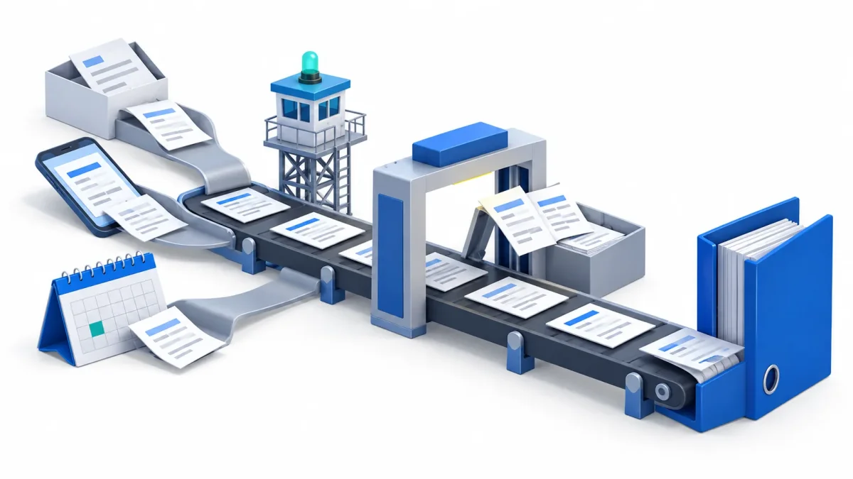 Documents coming from a mail tray, a smartphone and a desk calendar run along a conveyor belt, pass under a checkpoint that sets aside a duplicate and end up in a blue binder, watched over by a guard tower