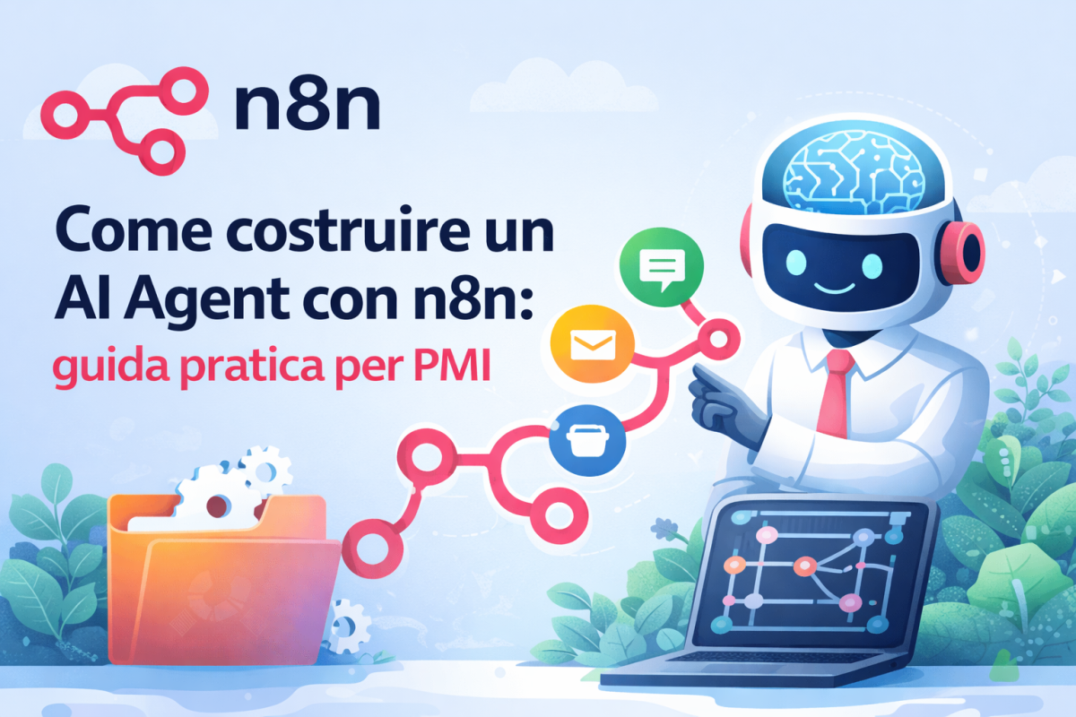 Interfaccia n8n con workflow AI Agent multi-nodo: trigger, elaborazione LLM e azioni su sistemi CRM per PMI italiane
