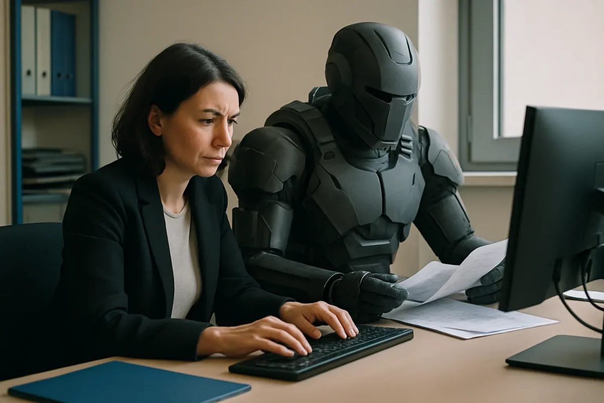 Una persona lavora al computer mentre accanto a lei, alla stessa scrivania, una figura in armatura tecnologica sfoglia dei documenti