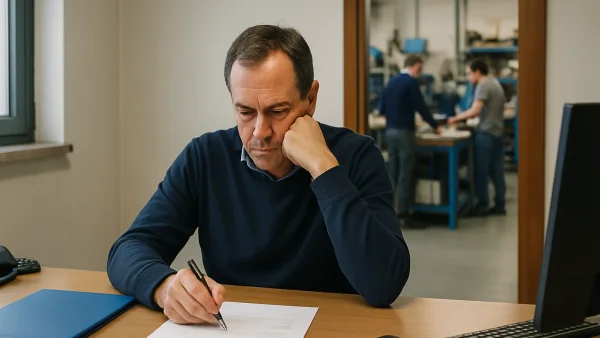The owner of a small company decides alone at his desk, while beyond the open door two people work in the workshop