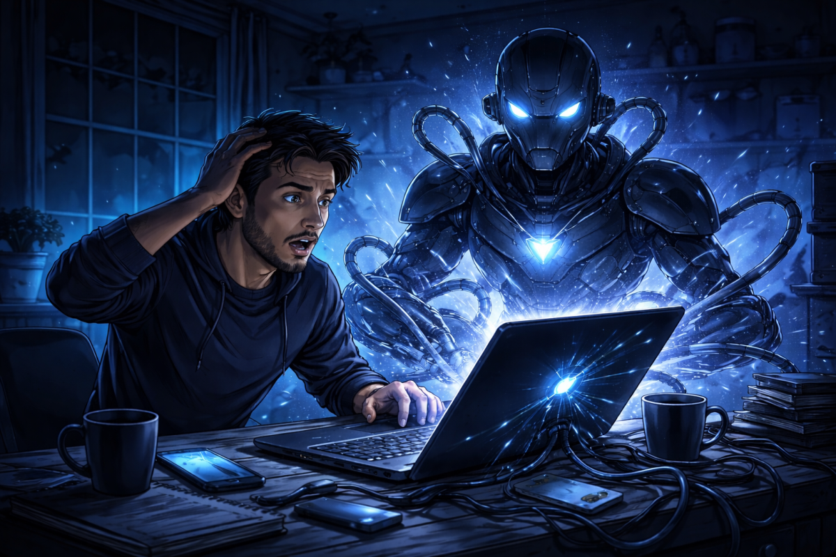 Illustration of a surprised man in front of a laptop while an autonomous AI agent takes control of the computer with glowing digital tentacles