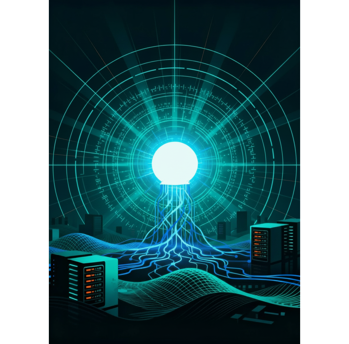 Modern data centers powered by solar panels with symbols of artificial intelligence, representing the energy revolution of AI