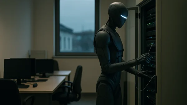 A dark faceless humanoid robot with a thin slit of blue light for eyes inspects the cables of a server rack in an empty office in the evening