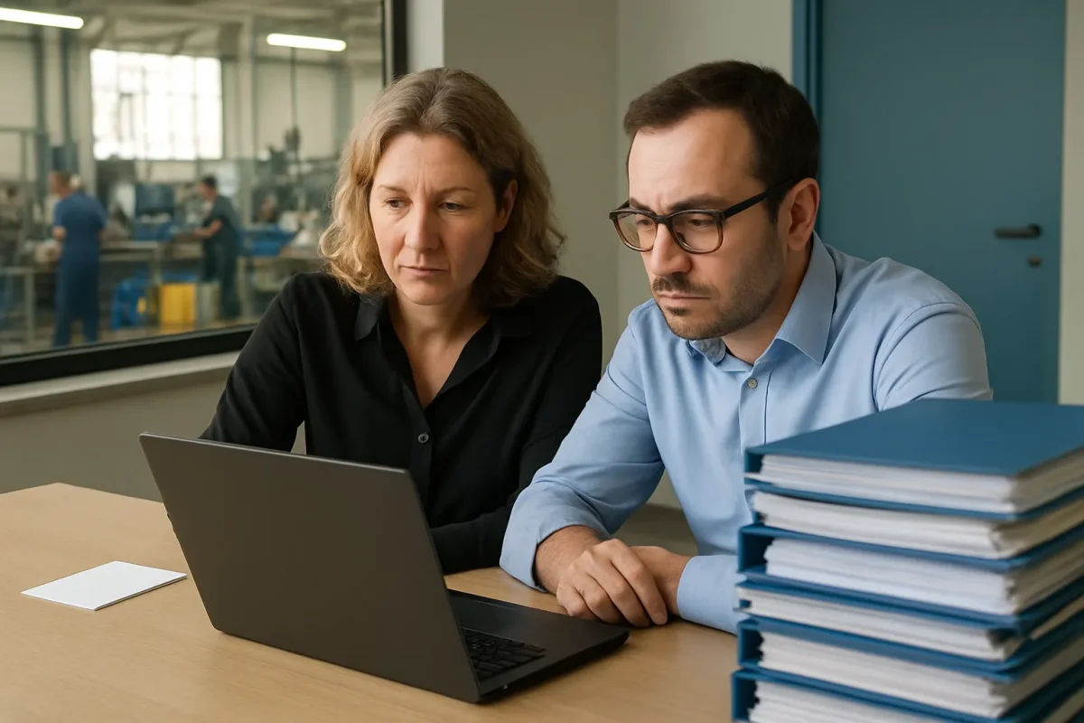A business owner and an administration colleague look at a laptop in an office overlooking the production floor, next to a small slip of paper and a tall stack of blue binders