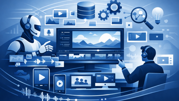 Illustrazione di un robot AI e un videomaker che collaborano su una timeline di editing video automatizzato con database di asset digitali