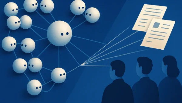 Una rete di piccole sfere con due occhi, collegate attorno a una sfera più grande che le coordina, manda documenti pronti a tre persone viste di spalle