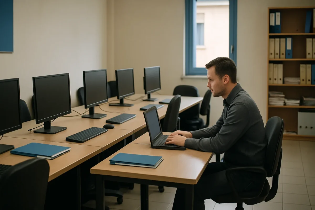Una fila di postazioni di lavoro vuote in un ufficio ordinario, con una sola persona seduta in fondo che sta usando il computer