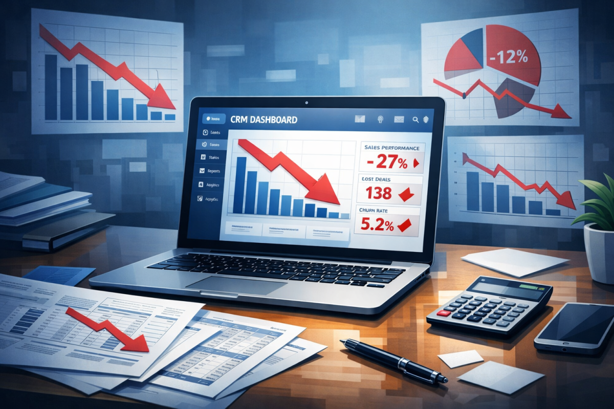 CRM dashboard with declining charts and Excel spreadsheet in the background, symbol of failed CRM projects in Italian SMEs