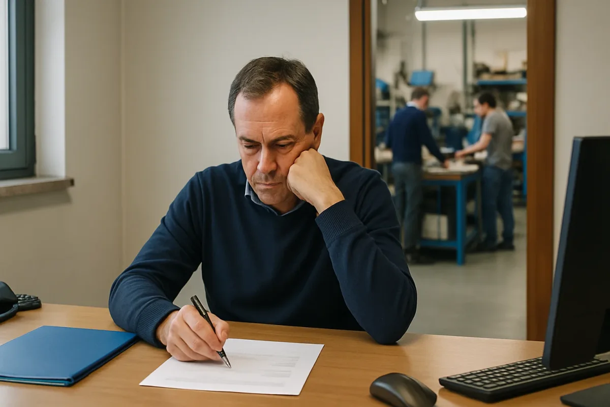 Il titolare di una piccola azienda decide da solo alla sua scrivania, mentre oltre la porta aperta due persone lavorano in reparto