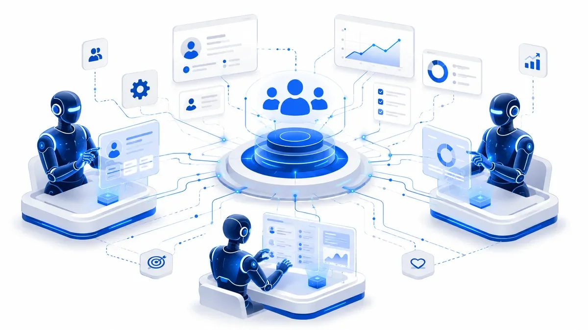 Confronto AI agentica nei CRM: agenti autonomi Salesforce Agentforce, HubSpot Breeze e Odoo AI connessi a un hub CRM centrale