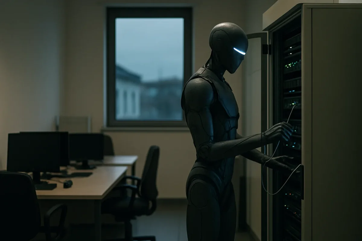 Un robot umanoide scuro, senza volto e con una fessura di luce blu al posto degli occhi, ispeziona i cavi dell'armadio dei server in un ufficio vuoto la sera