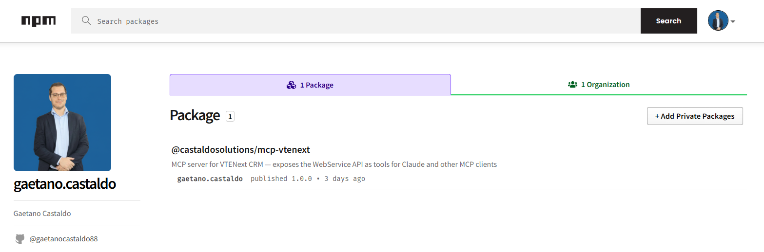 Il pacchetto @castaldosolutions/mcp-vtenext pubblicato su npm